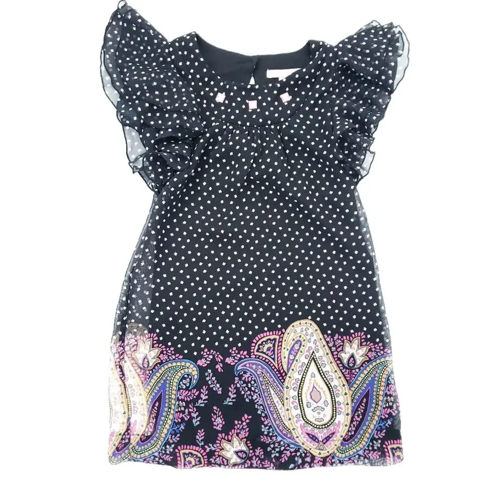 Hype Girls Polkadot Flutter Sleeve Paisley Summer Dress SZ 7 Black, Pink, White